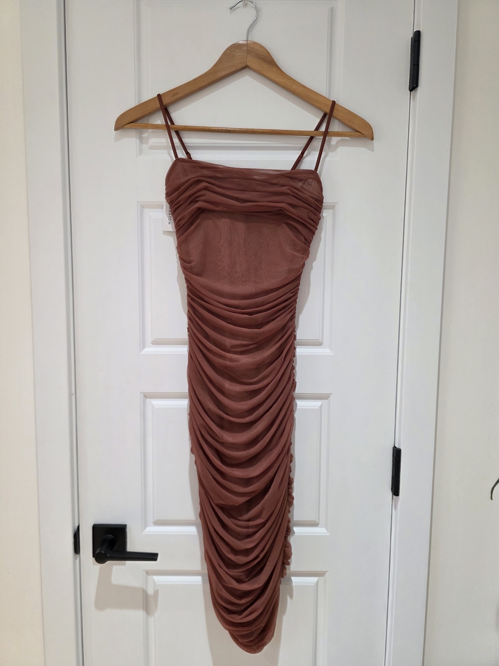Babaton Luxor Strapless Ruched Dress in Cider Gold